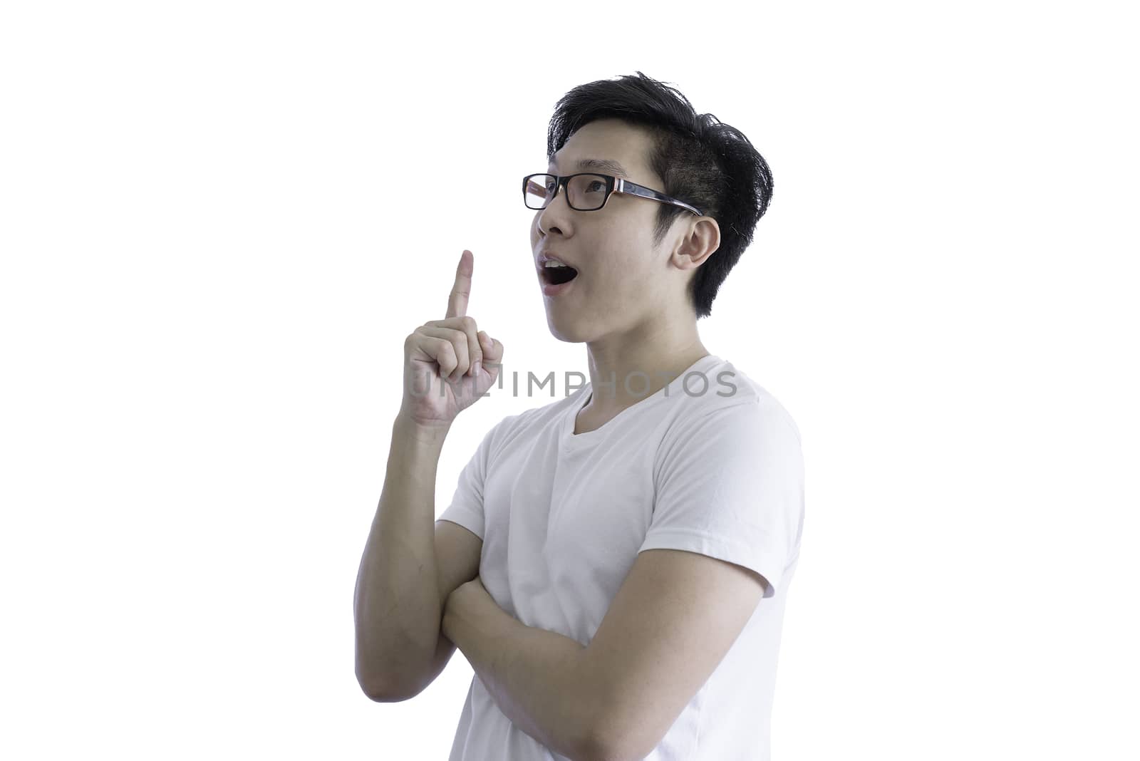 Asian handsome man with white shirt and orange eyeglasses has seriuosly thinking for new idea and success isolated on white background and clipping paths.