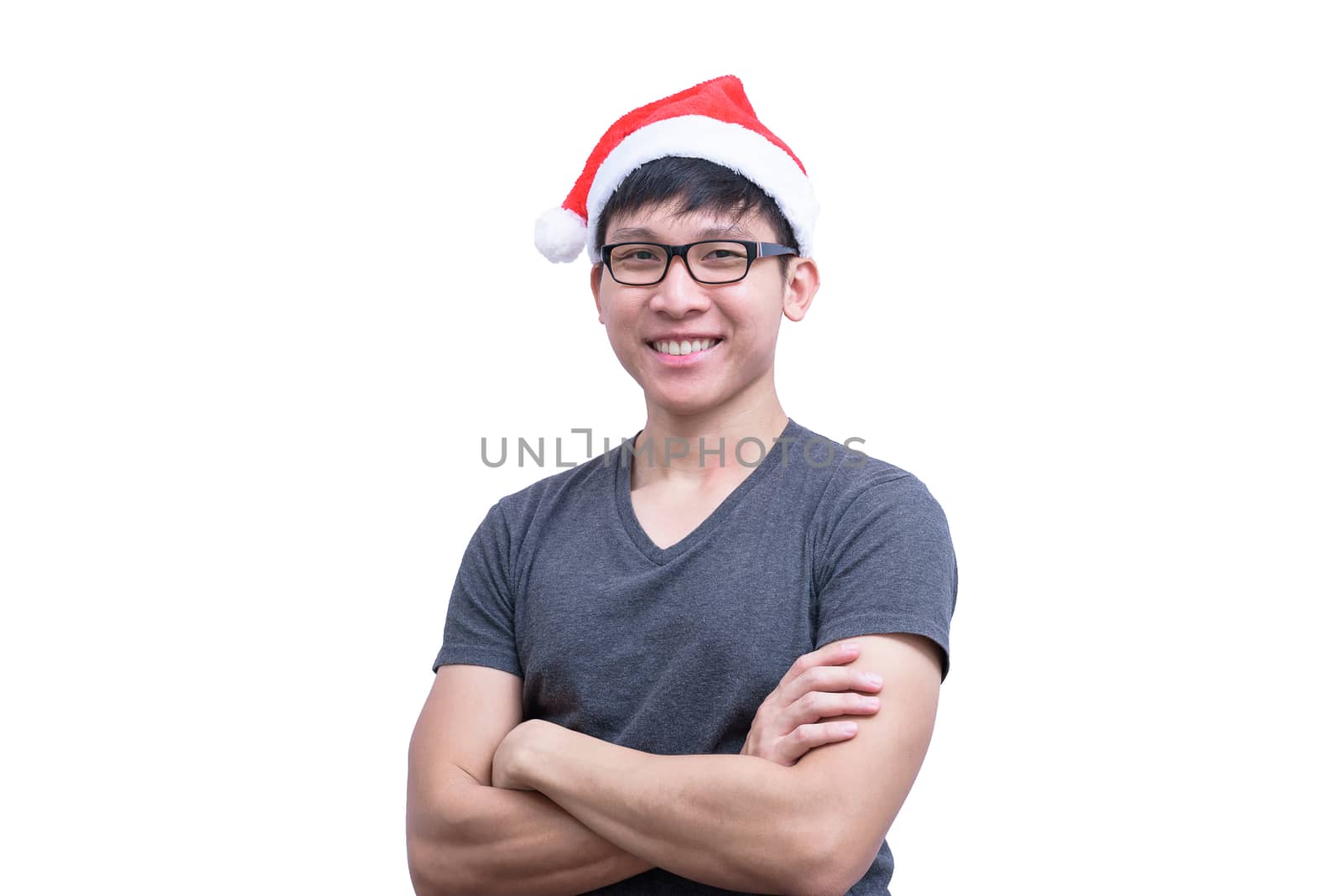 Asian Santa Claus man with eyeglasses and grey shirt has very happy isolated on white background with copy space.