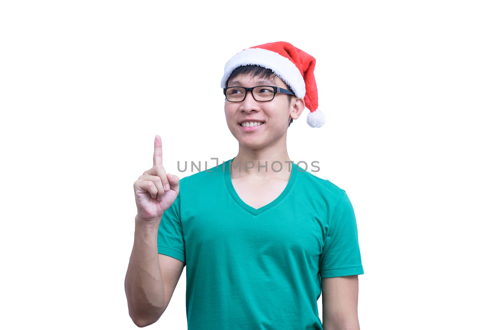 Asian Santa Claus man with eyeglasses and green shirt has seriuosly thinking for new idea and success isolated on white background with copy space.