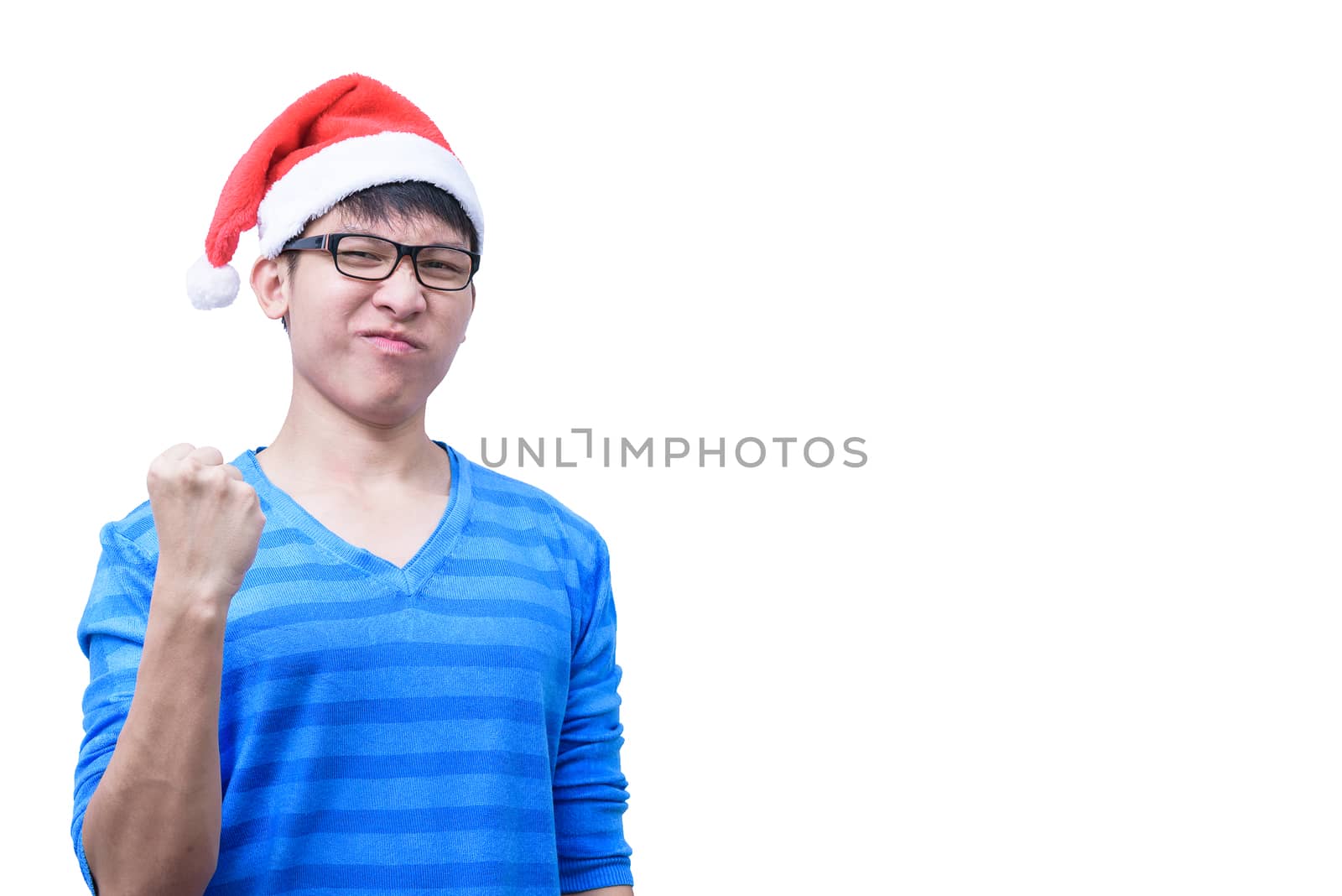 Asian Santa Claus man with eyeglasses and blue shirt has very happy isolated on white background with copy space.