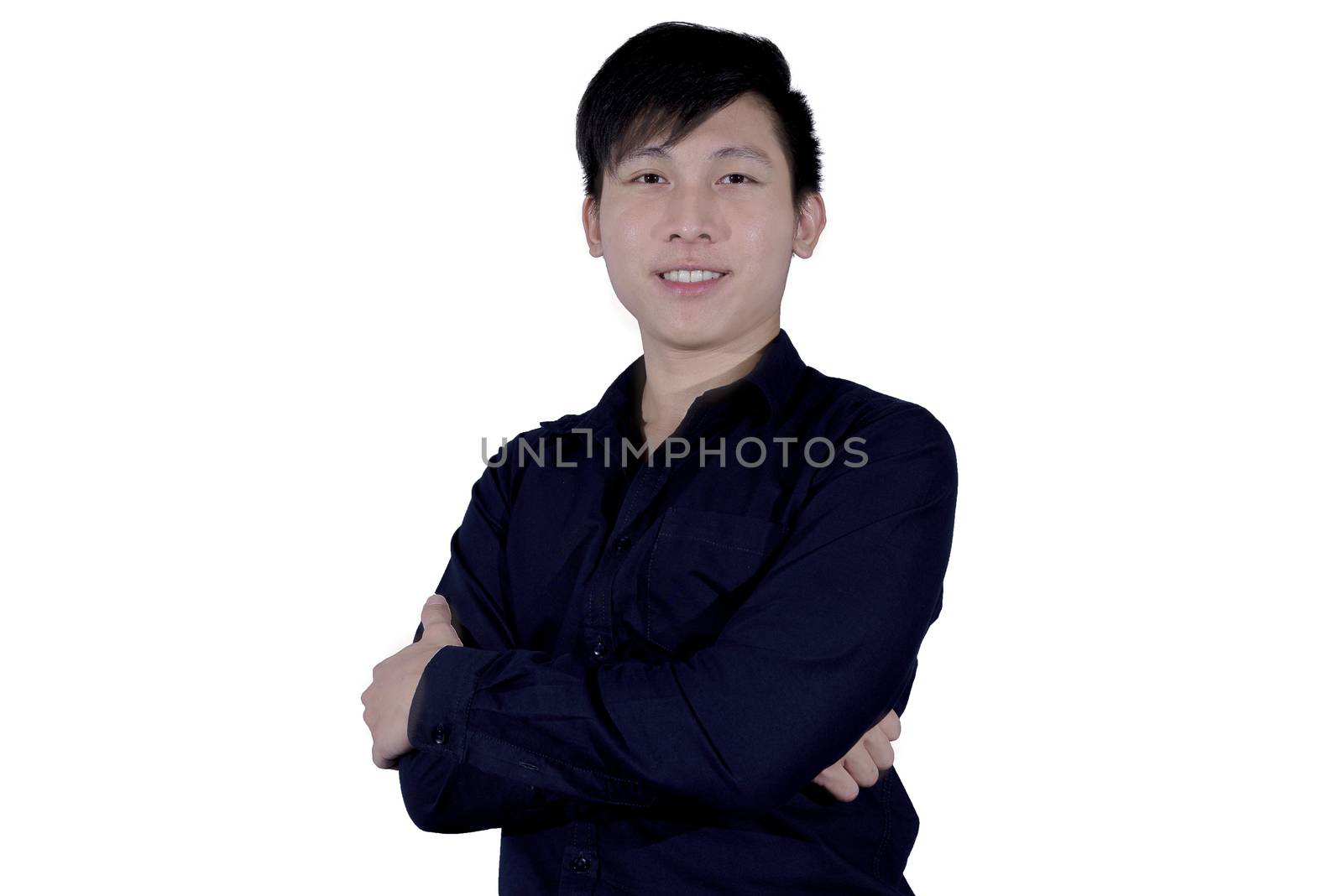 Business man with navy blue shirt has happy and smile with hard work. Business man isolated on white background.