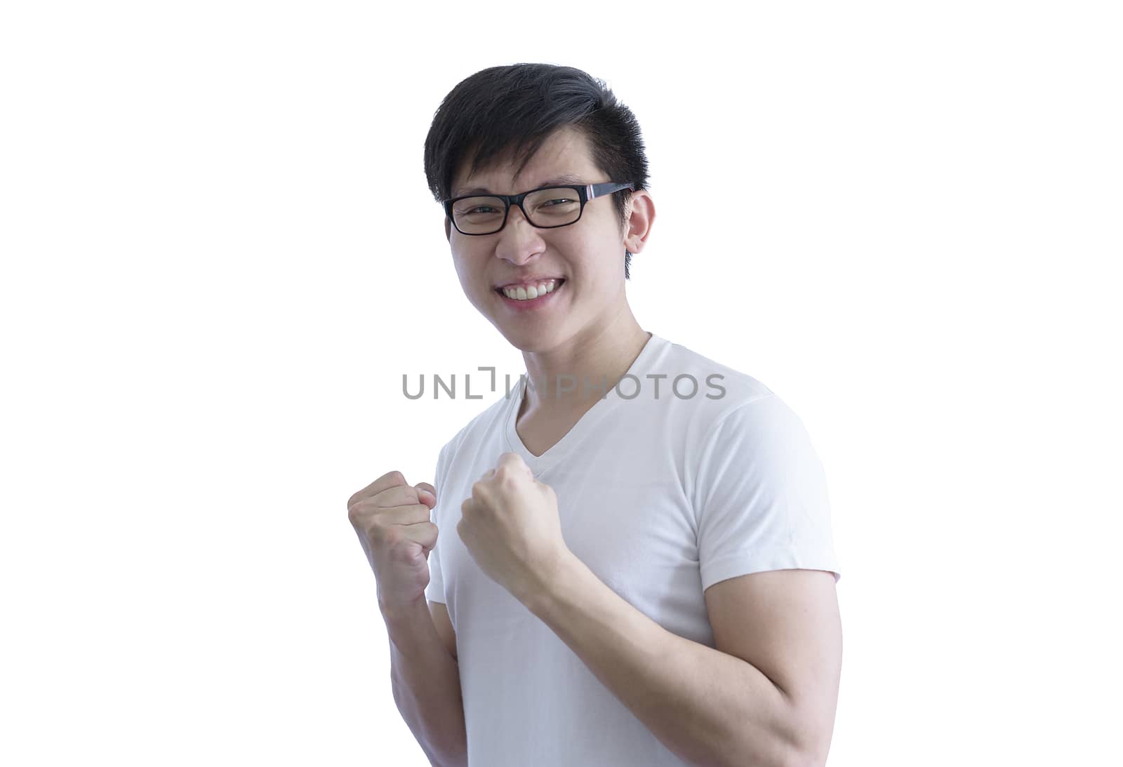 Asian handsome man with white shirt and orange eyeglasses has fe by animagesdesign