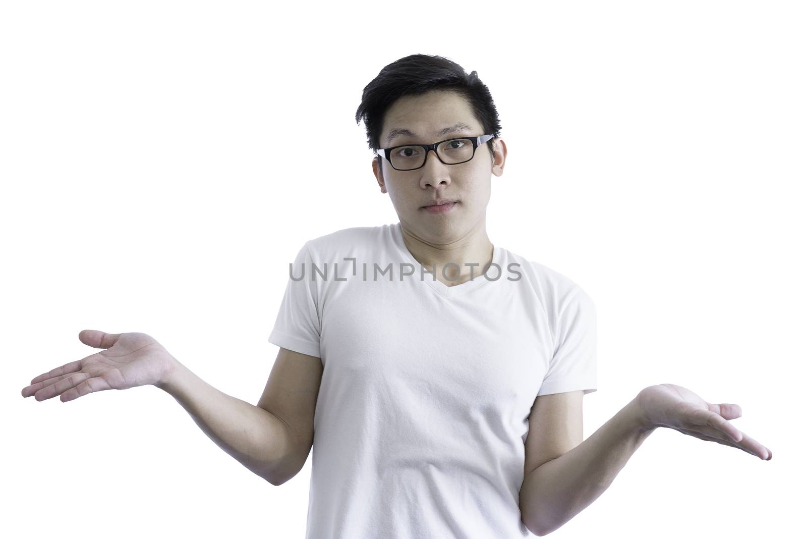 Asian handsome man with white shirt and orange eyeglasses has ignore about work and responsibility isolated on white background and clipping paths.