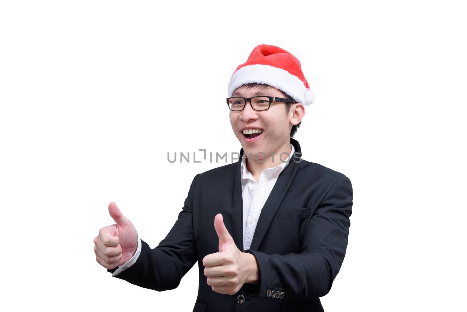 Business man has thumb show with Christmas festival themes isolated on white background.