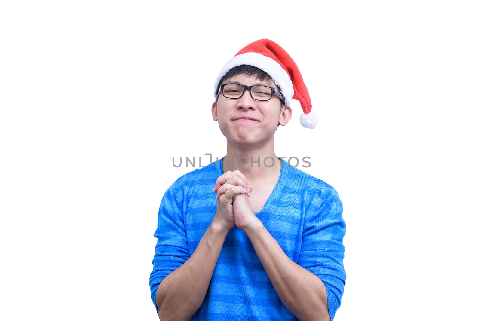 Asian Santa Claus man with eyeglasses and blue shirt has plead a by animagesdesign