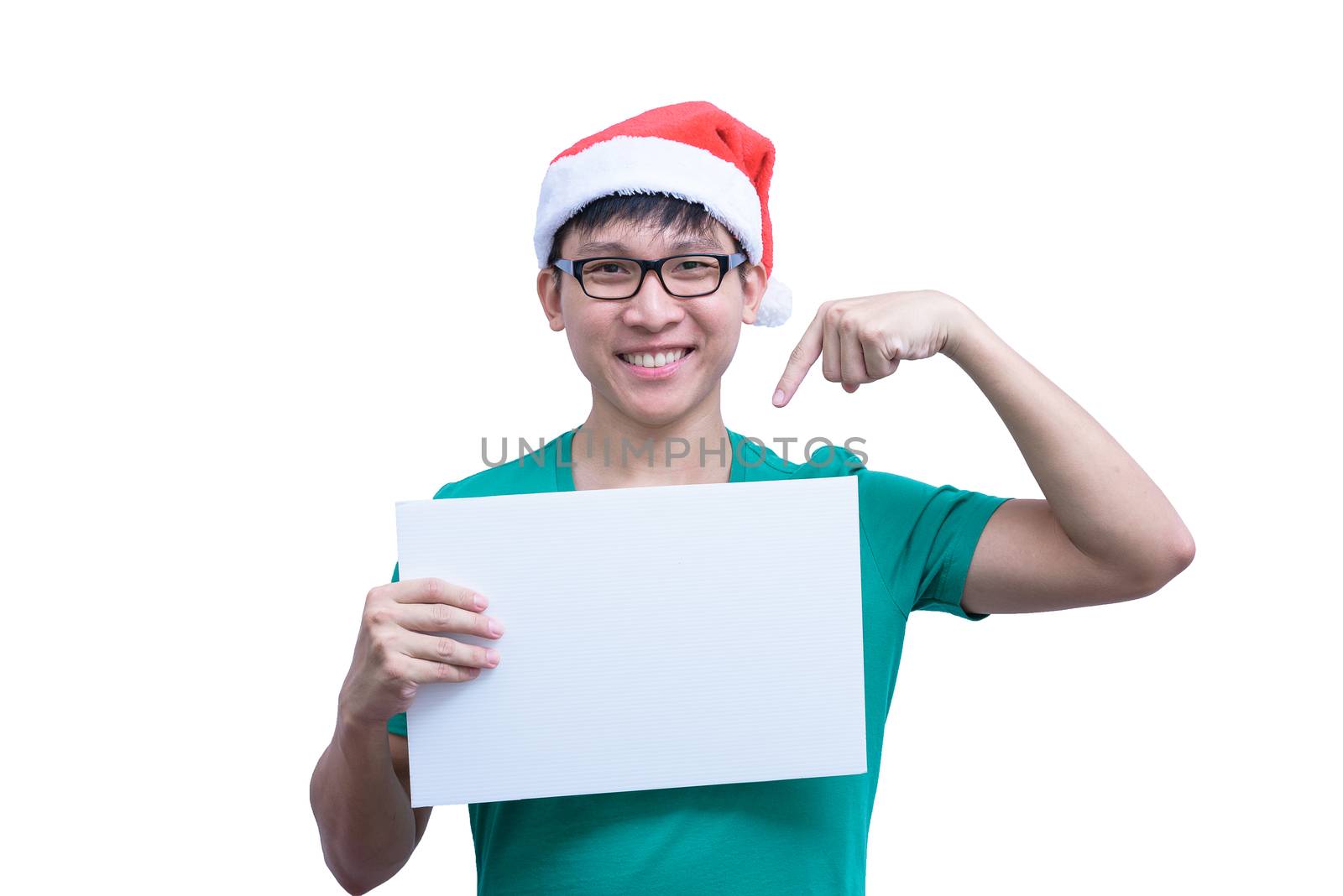 Asian Santa Claus man with eyeglasses and green shirt has holding a white blank advertisement banner isolated on white background with copy space.