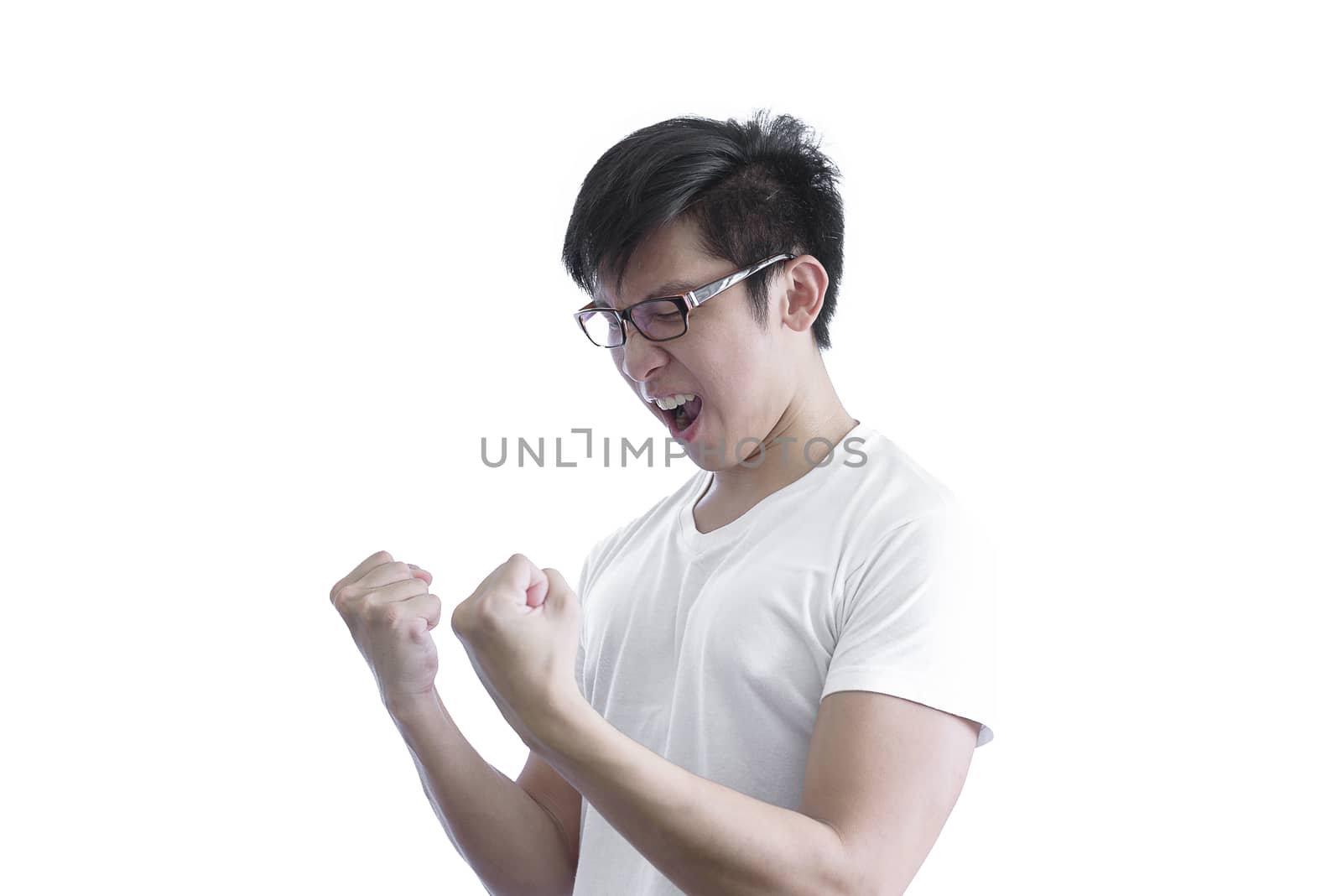 Asian handsome man with white shirt and orange eyeglasses has feeling like a winner and successful on goal isolated on white background.