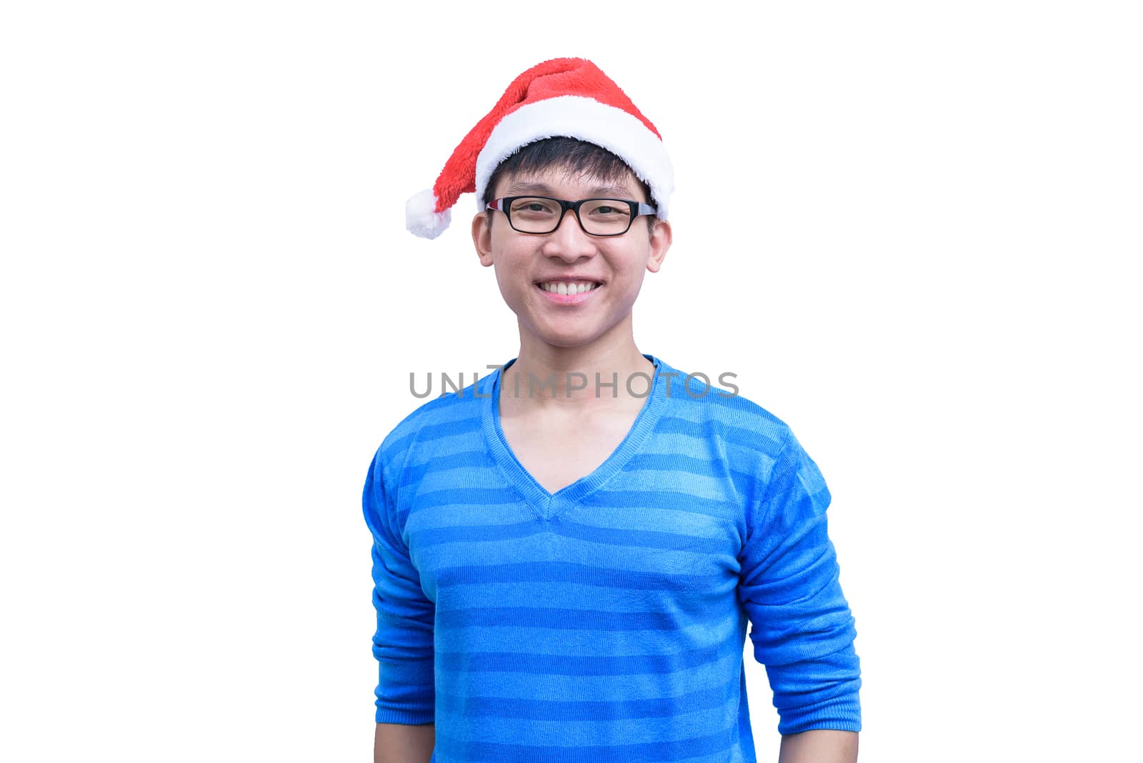 Asian Santa Claus man with eyeglasses and blue shirt has very ha by animagesdesign