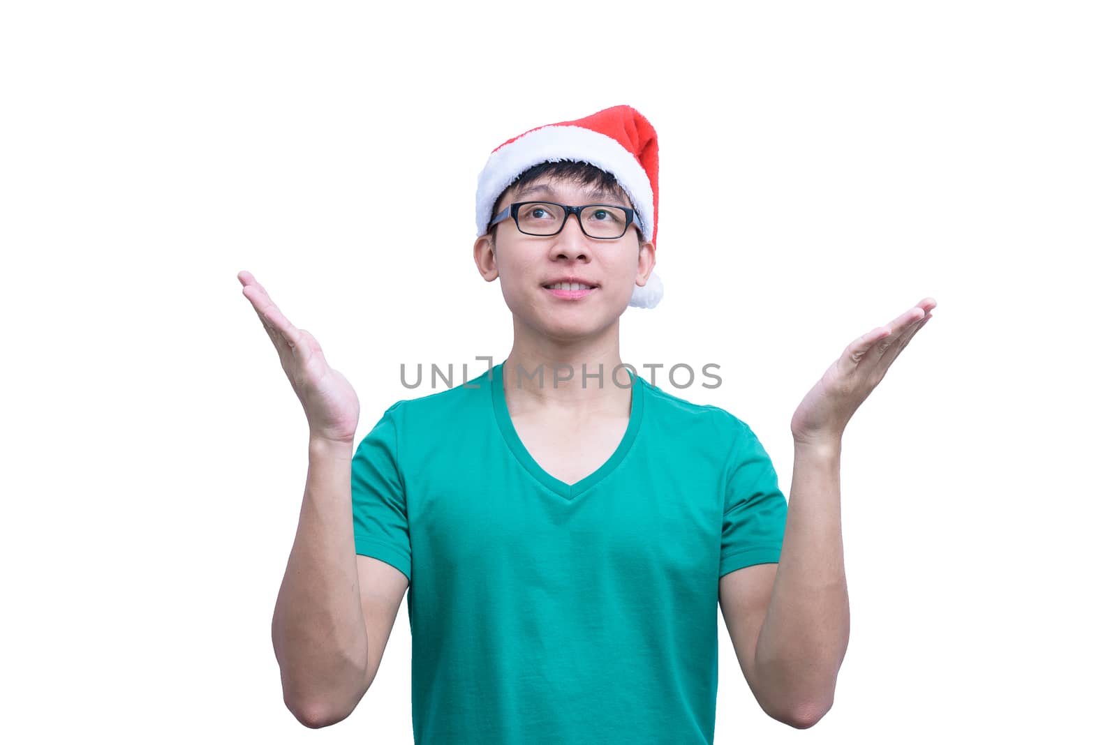 Asian Santa Claus man with eyeglasses and green shirt has plead and appeal for luck isolated on white background with copy space.