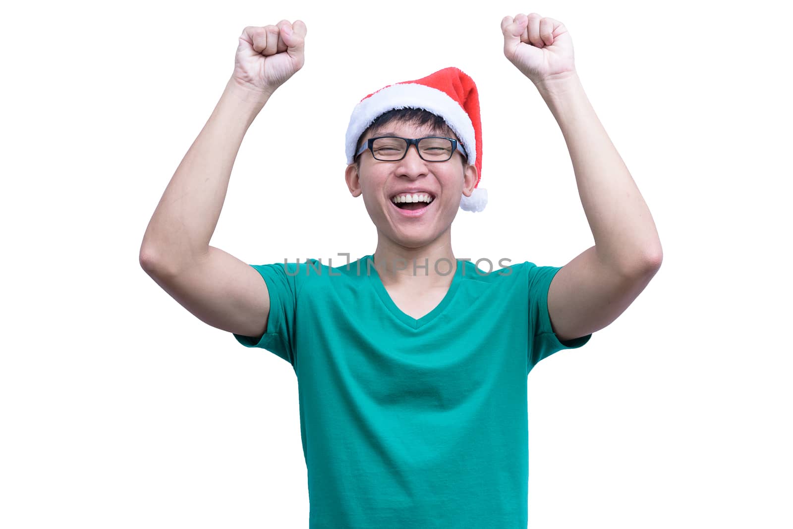 Asian Santa Claus man with eyeglasses and green shirt has very happy isolated on white background with copy space.