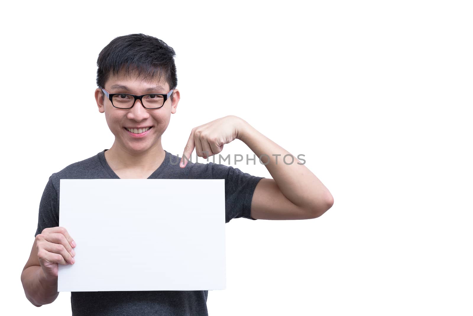 Asian man with eyeglasses and grey shirt has holding a white blank advertisement banner isolated on white background with copy space.