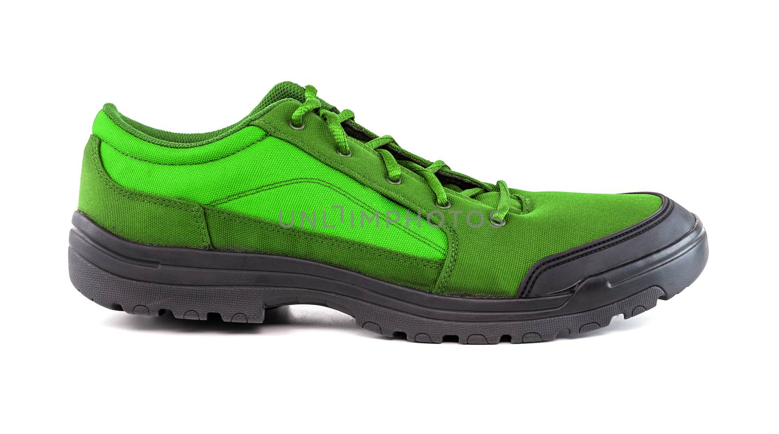 right cheap green hiking or hunting shoe isolated on white background by z1b