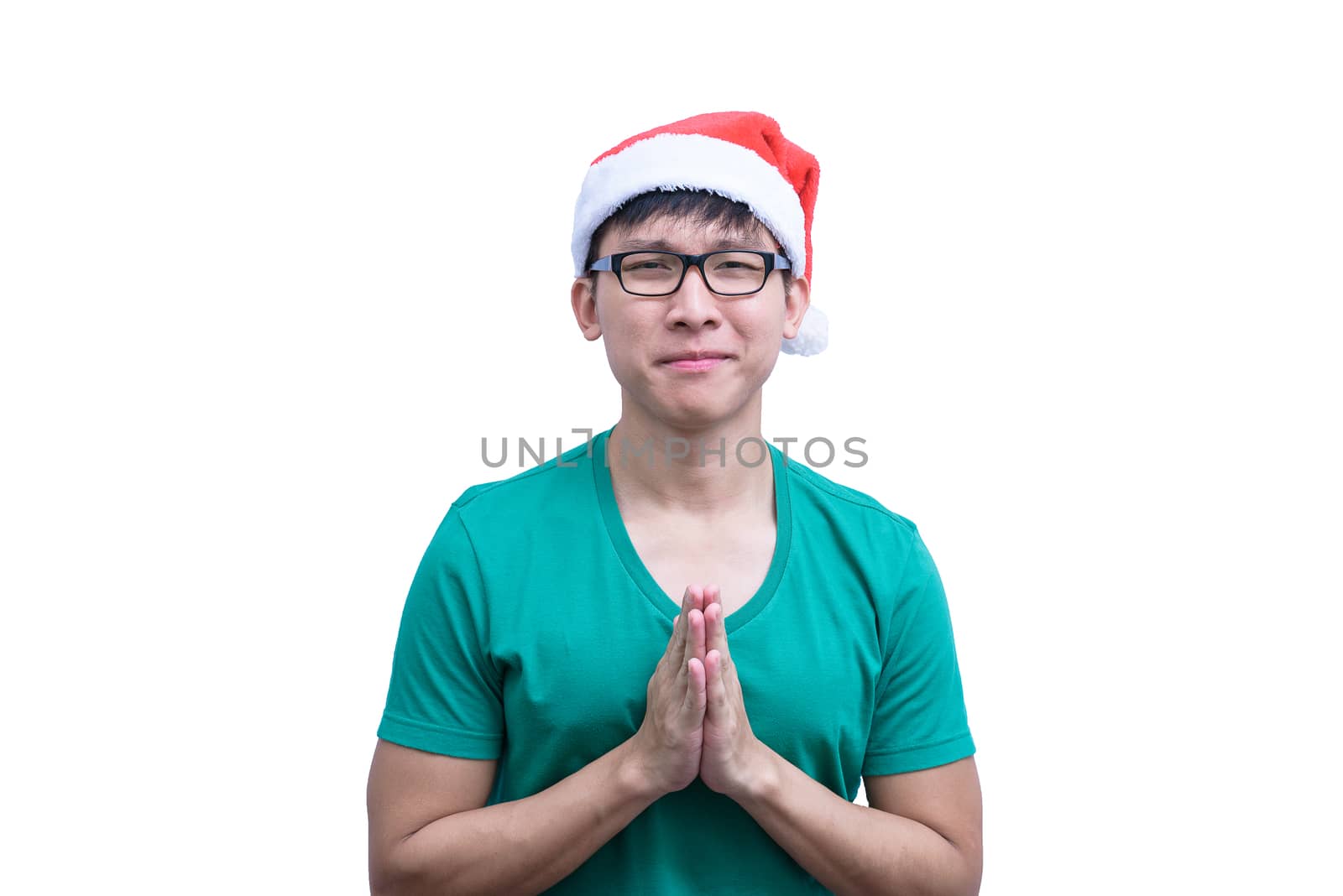 Asian Santa Claus man with eyeglasses and green shirt has plead and appeal for luck isolated on white background with copy space.