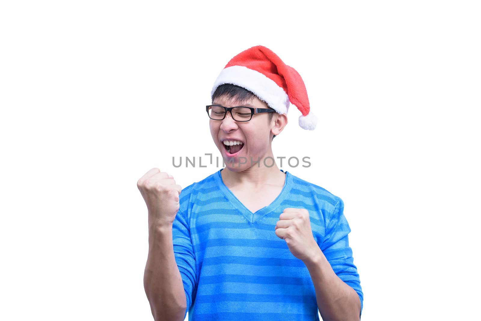 Asian Santa Claus man with eyeglasses and blue shirt has very ha by animagesdesign