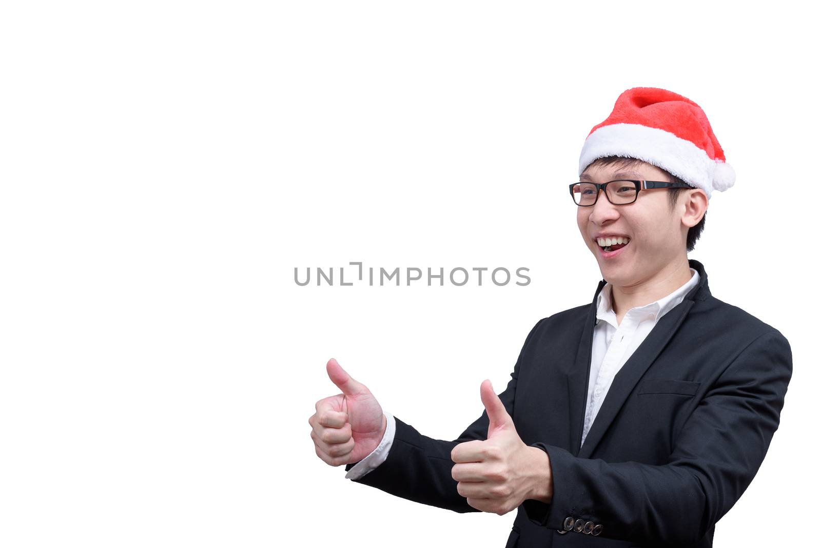 Business man has thumb show with Christmas festival themes isola by animagesdesign