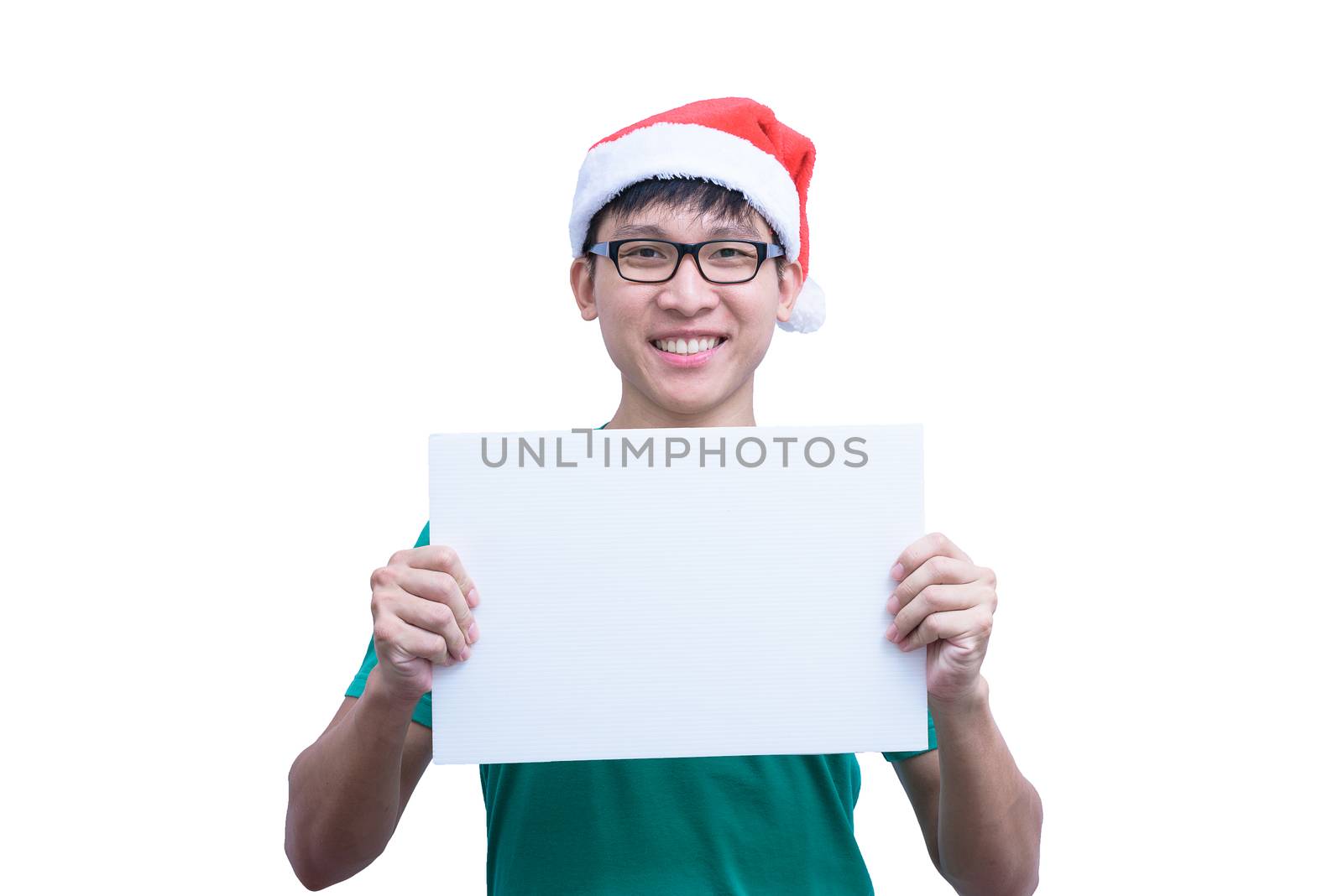 Asian Santa Claus man with eyeglasses and green shirt has holdin by animagesdesign