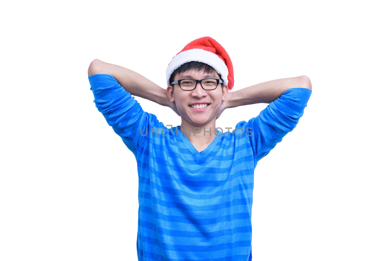 Asian Santa Claus man with eyeglasses and blue shirt has very happy isolated on white background with copy space.