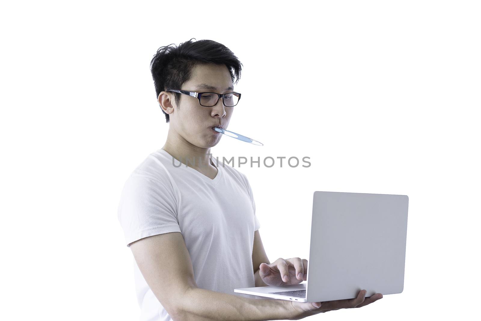 Asian handsome man with white shirt has wake up and  sleepy with tooth brush and working by holding laptop before going to start the work in the morning isolated on white background and clipping paths.