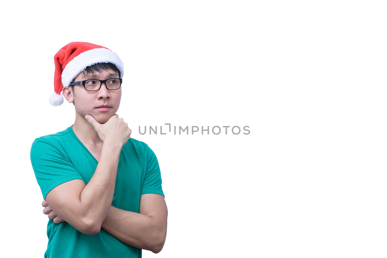 Asian Santa Claus man with eyeglasses and green shirt has seriuosly thinking for new idea and success isolated on white background with copy space.