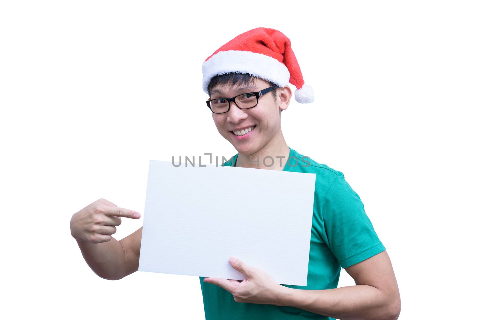 Asian Santa Claus man with eyeglasses and green shirt has holding a white blank advertisement banner isolated on white background with copy space.