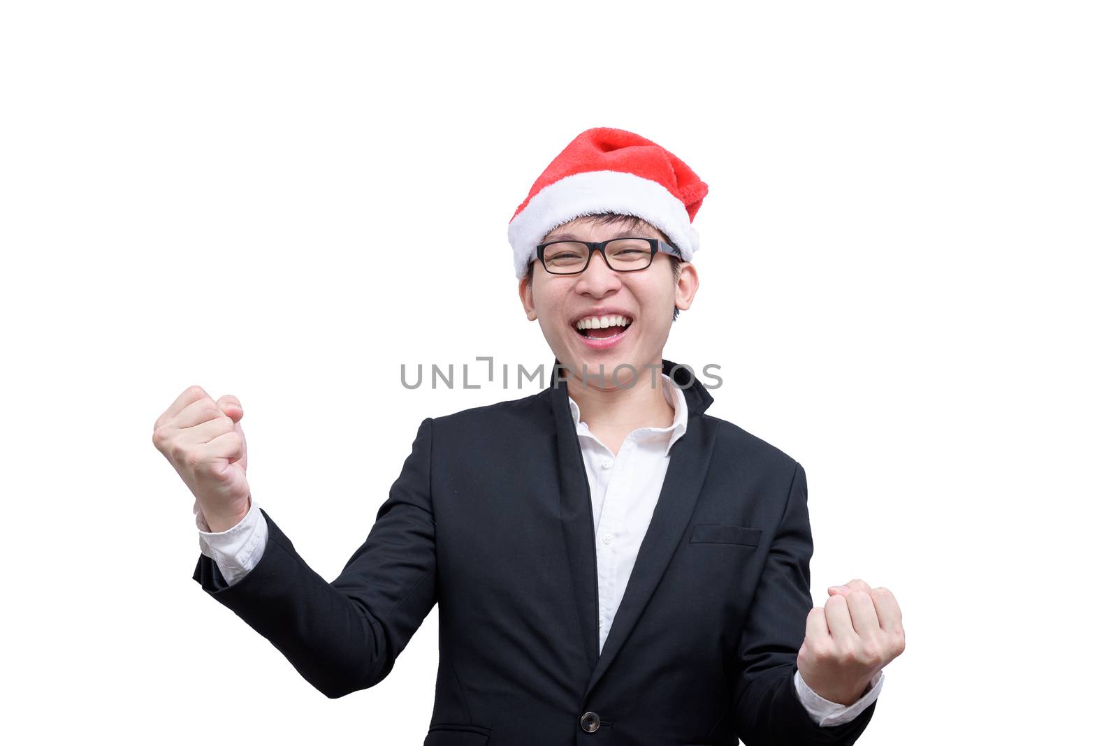 Business man has happy and laughing with Christmas festival themes isolated on white background.