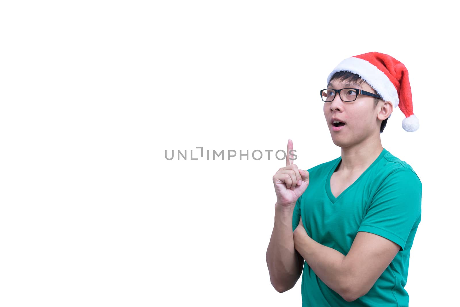 Asian Santa Claus man with eyeglasses and green shirt has seriuosly thinking for new idea and success isolated on white background with copy space.