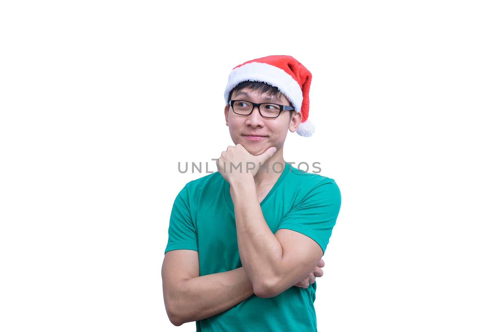 Asian Santa Claus man with eyeglasses and green shirt has seriuosly thinking for new idea and success isolated on white background with copy space.