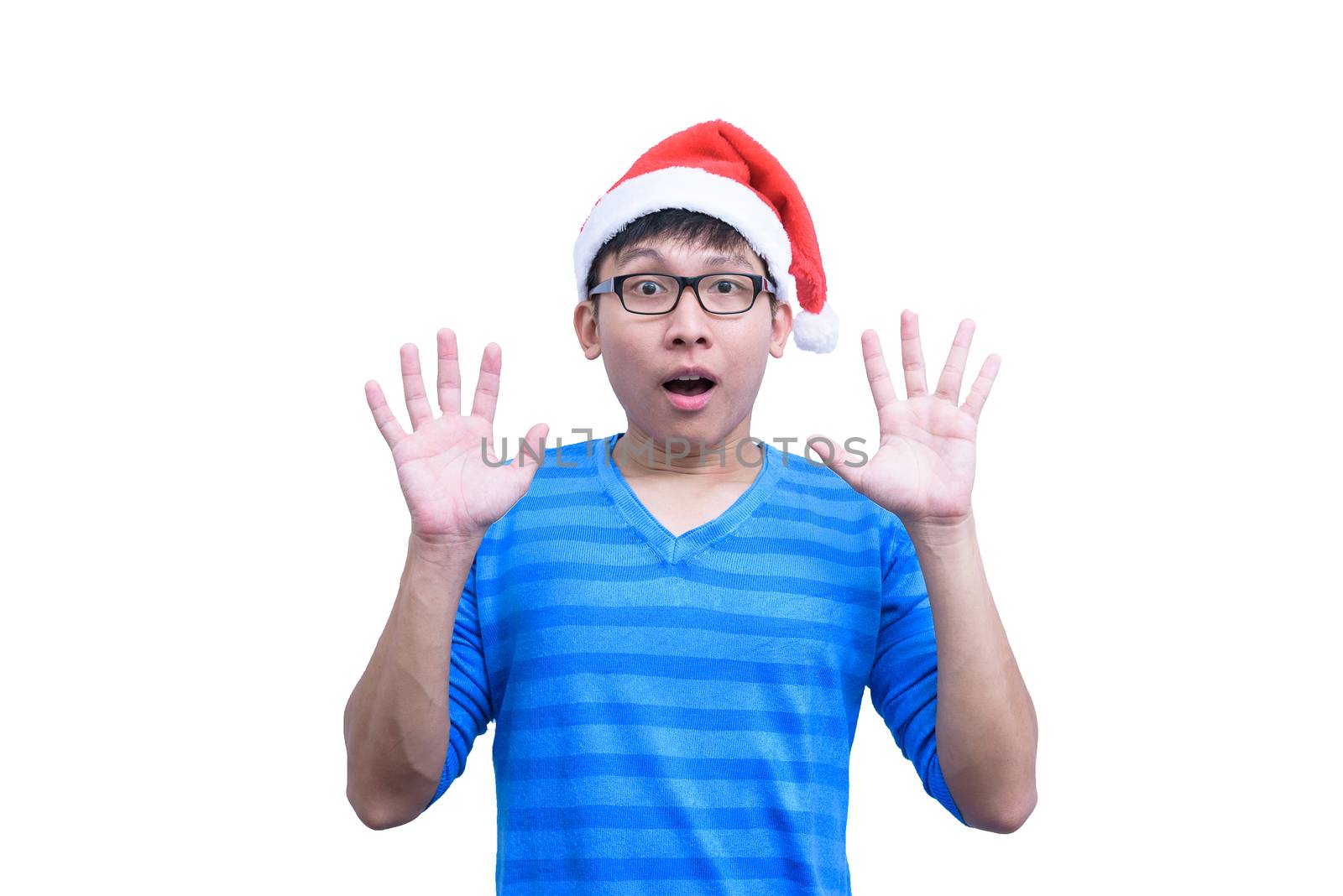 Asian Santa Claus man with eyeglasses and blue shirt has feeling by animagesdesign