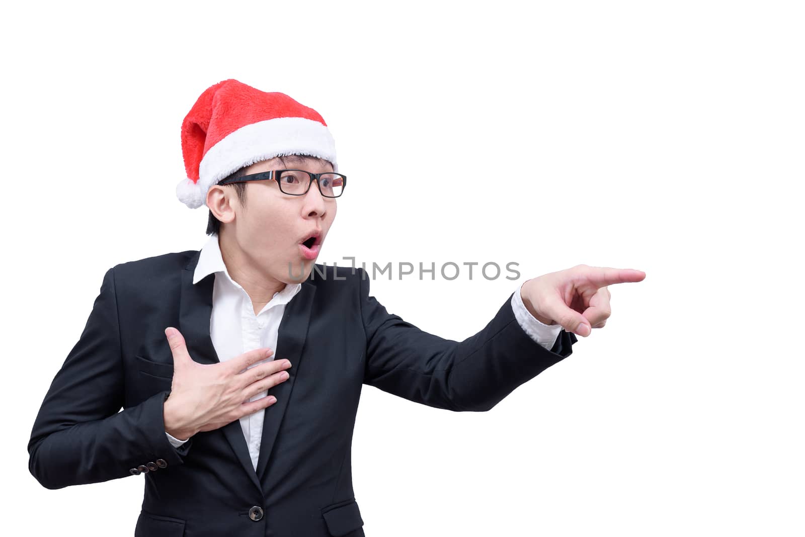 Business man has shocking and surprised with Christmas festival themes isolated on white background.