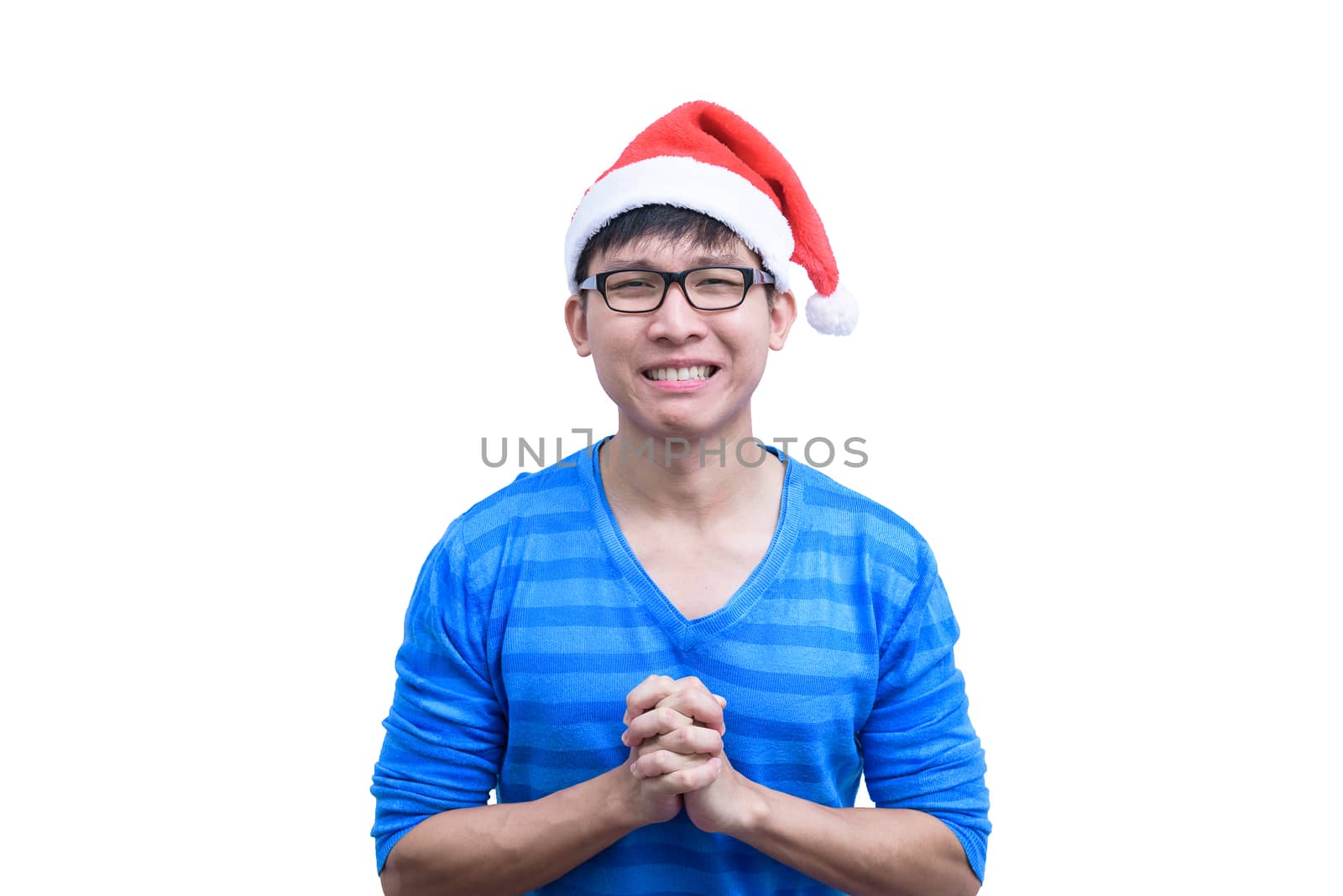 Asian Santa Claus man with eyeglasses and blue shirt has plead a by animagesdesign