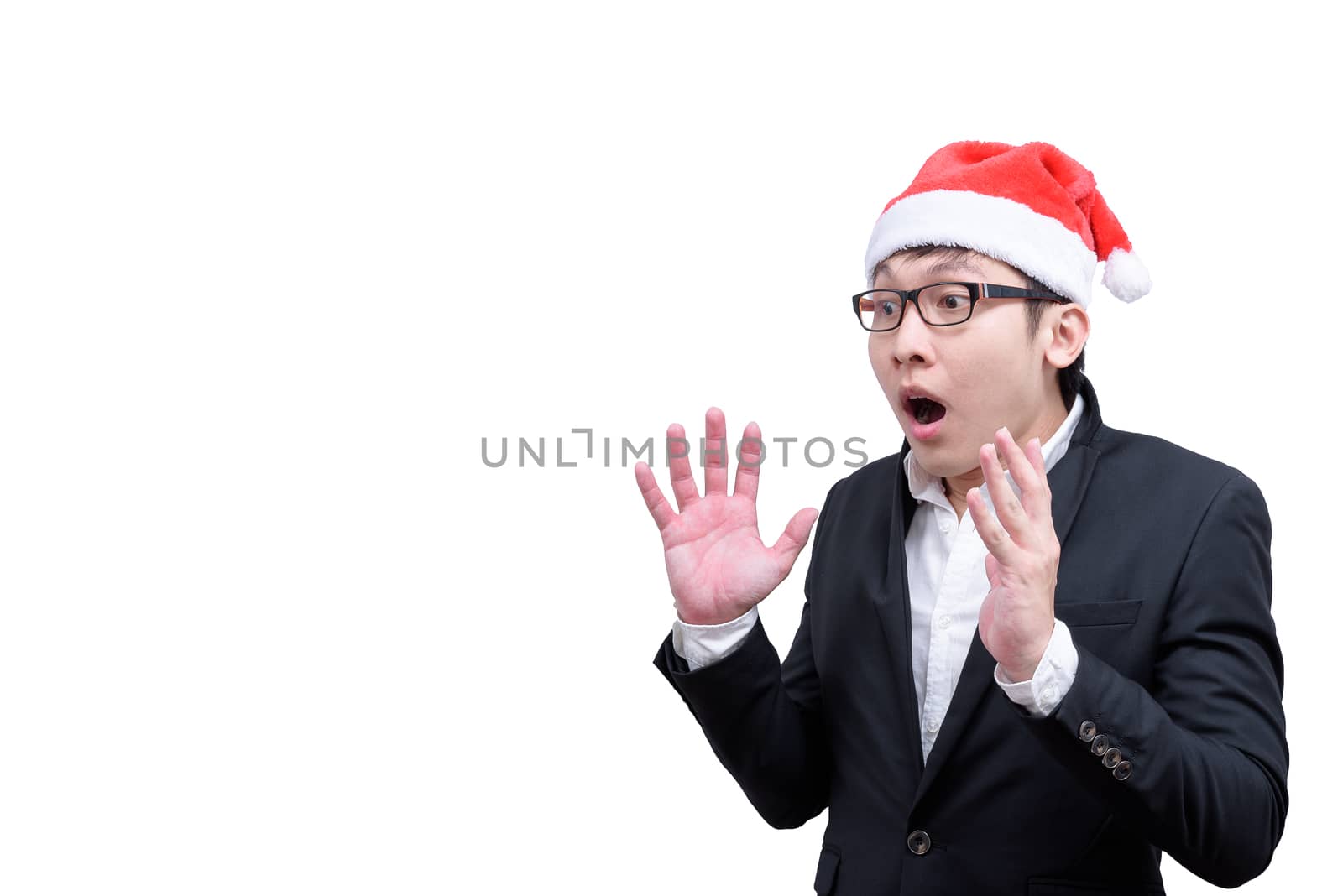 Business man has shocking and surprised with Christmas festival themes isolated on white background.