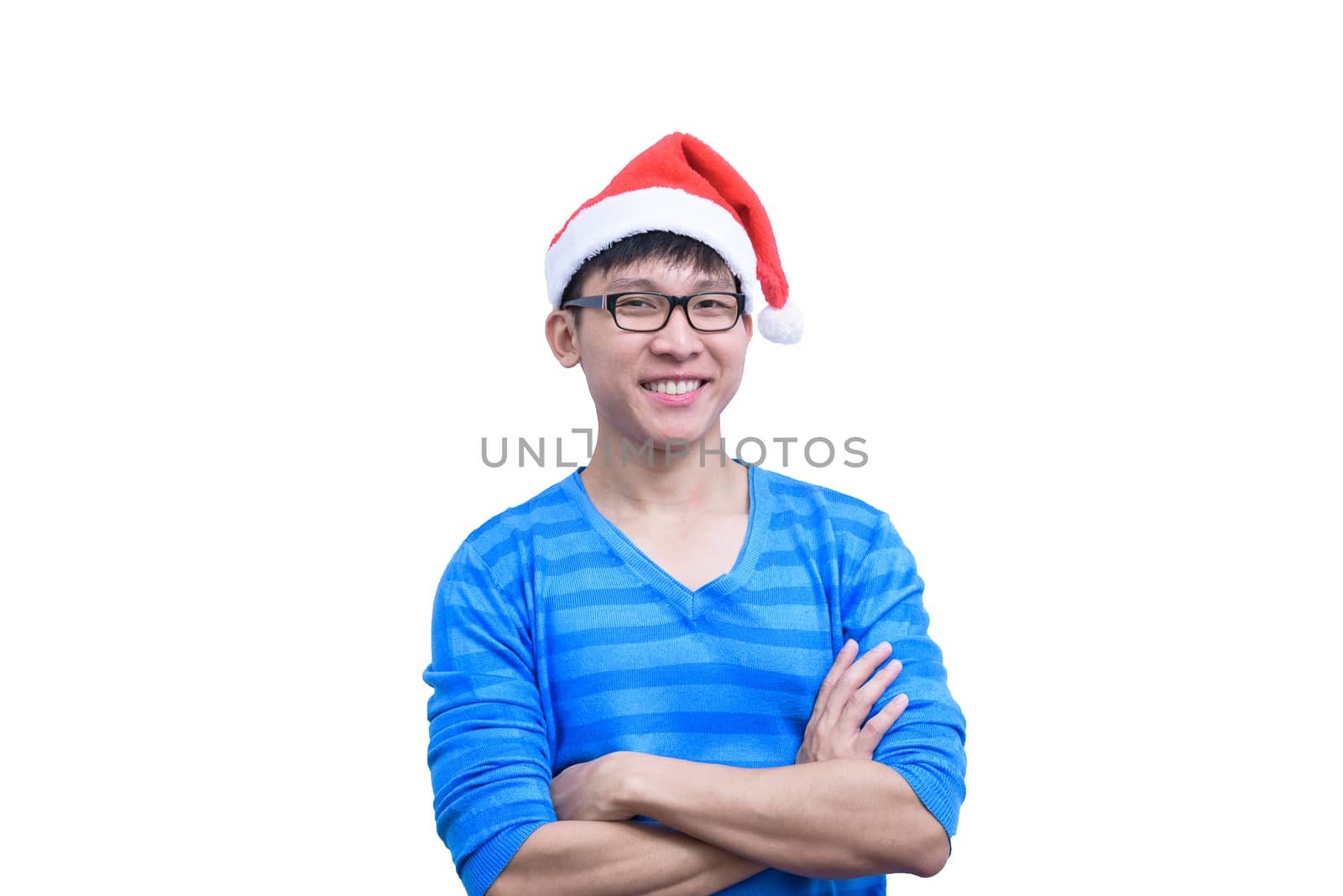 Asian Santa Claus man with eyeglasses and blue shirt has very ha by animagesdesign