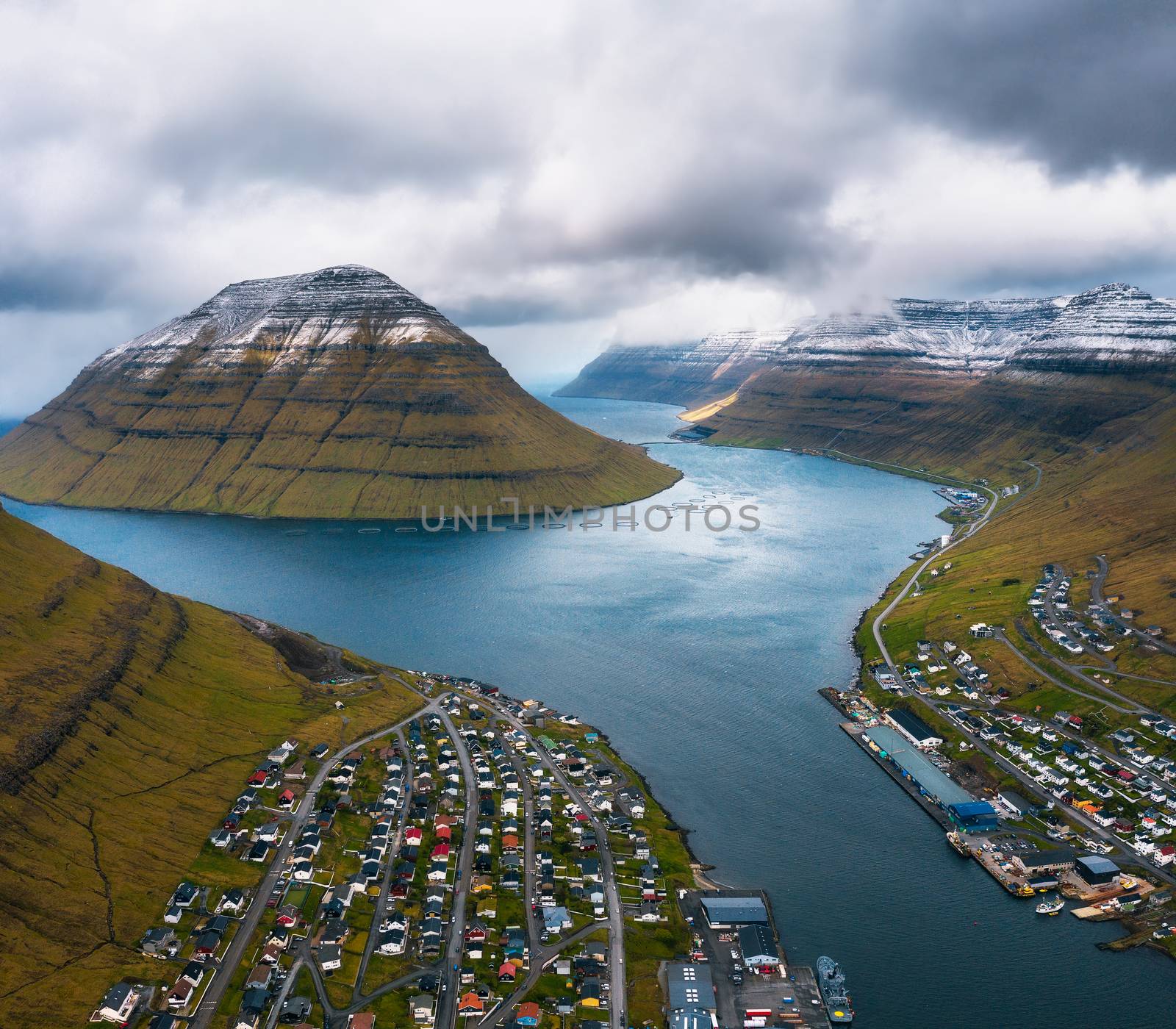 Aerial view of the city of Klaksvik on Bordoy island in the Faroe Islands, Denmark