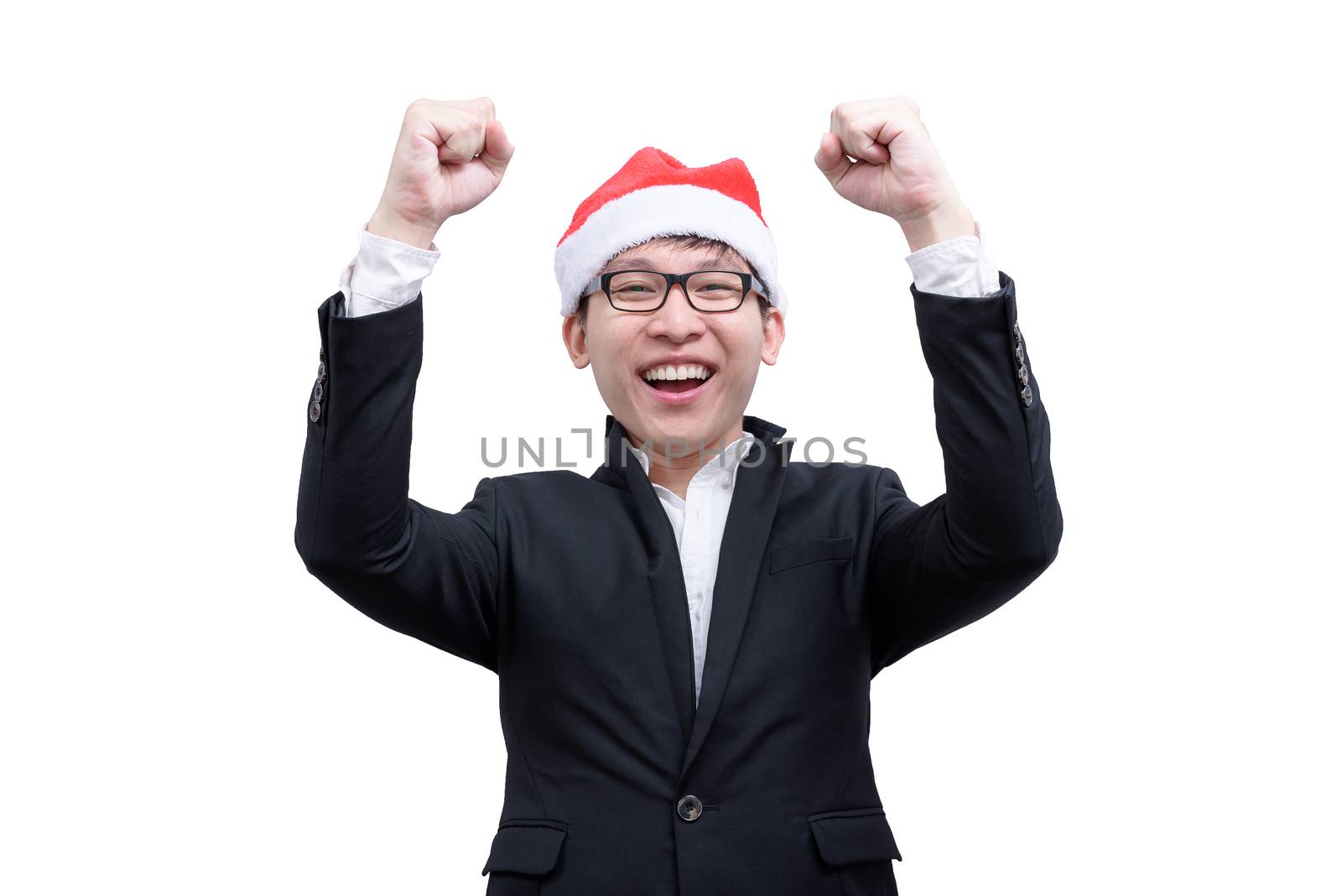 Business man has happy and laughing with Christmas festival themes isolated on white background.