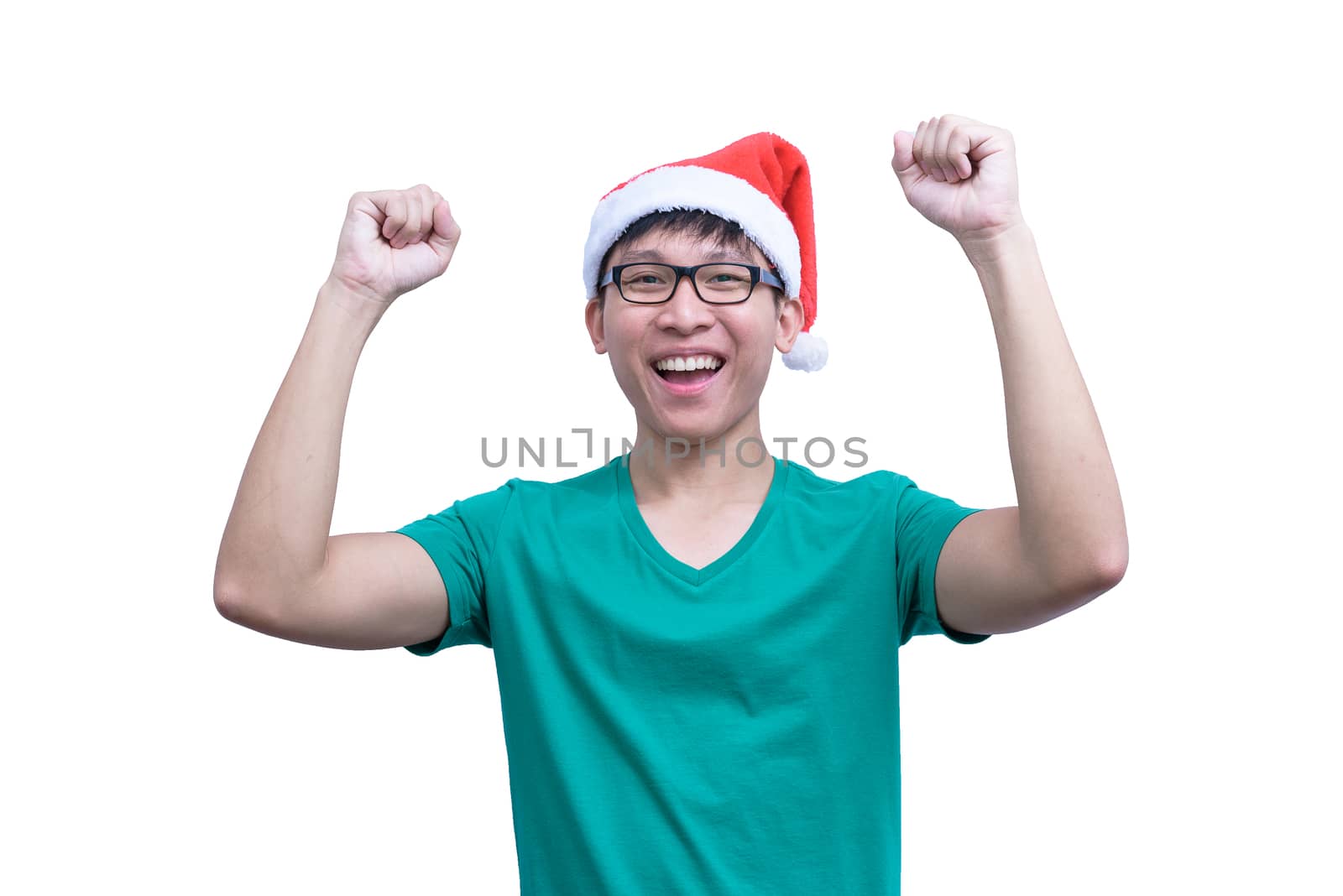 Asian Santa Claus man with eyeglasses and green shirt has very happy isolated on white background with copy space.