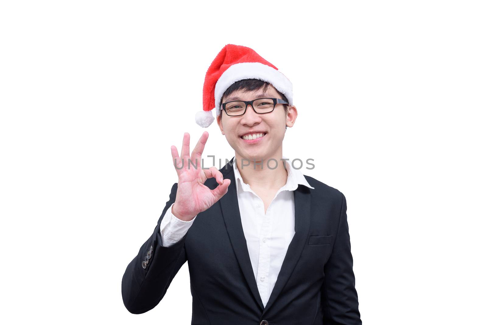 Business man has okay with Christmas festival themes isolated on white background.