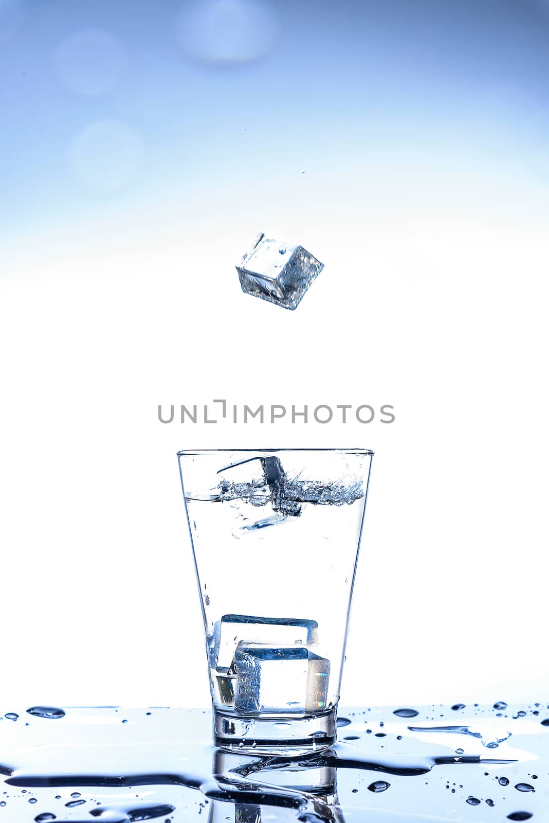 Ice dropping and water splashing in the glass with reflection on by animagesdesign