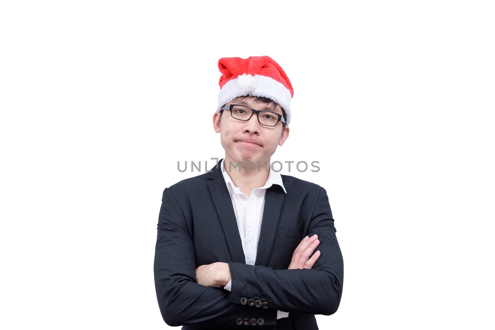 Business man has thinking new idea and target with Christmas festival themes isolated on white background.