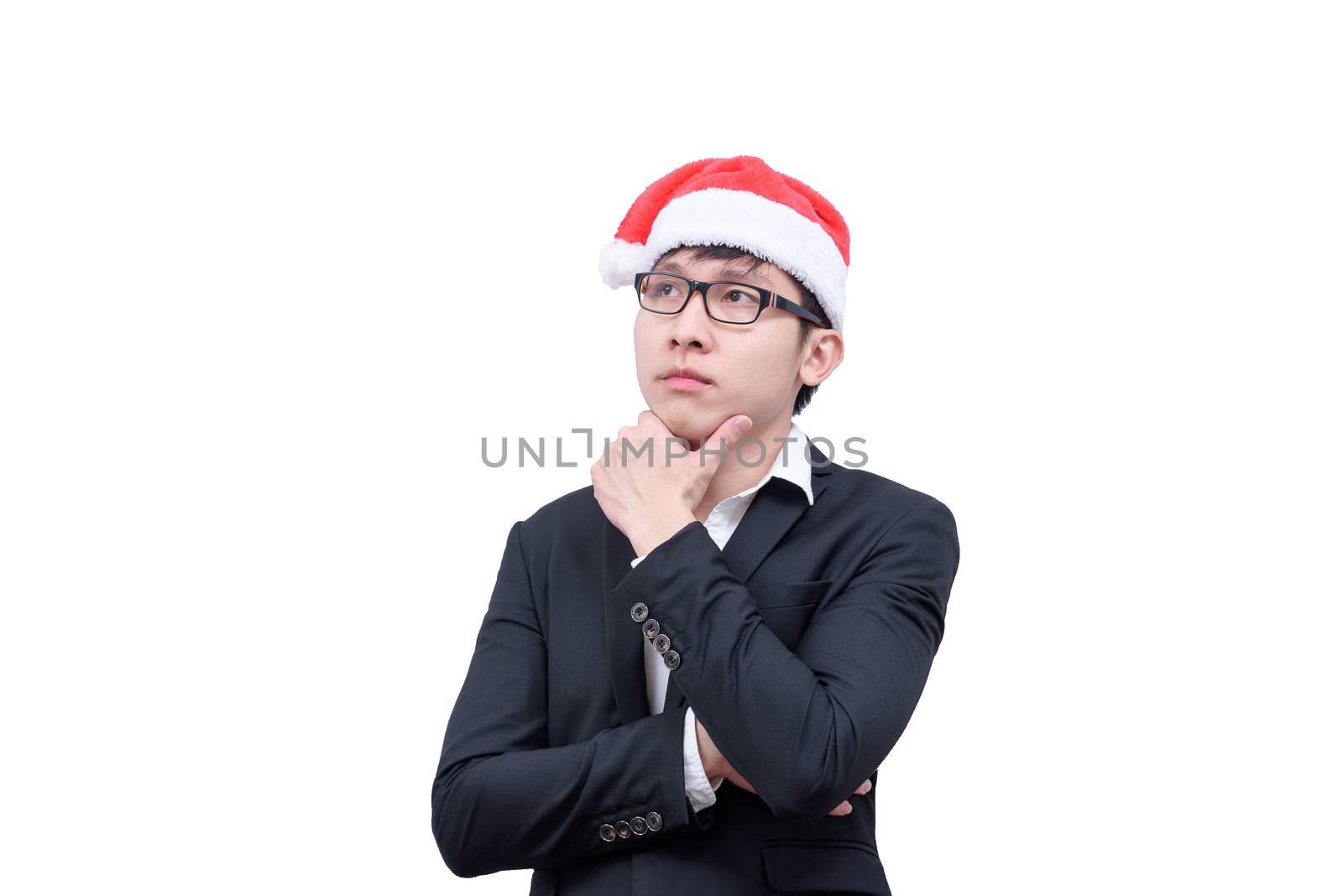 Business man has thinking new idea and target with Christmas festival themes isolated on white background.