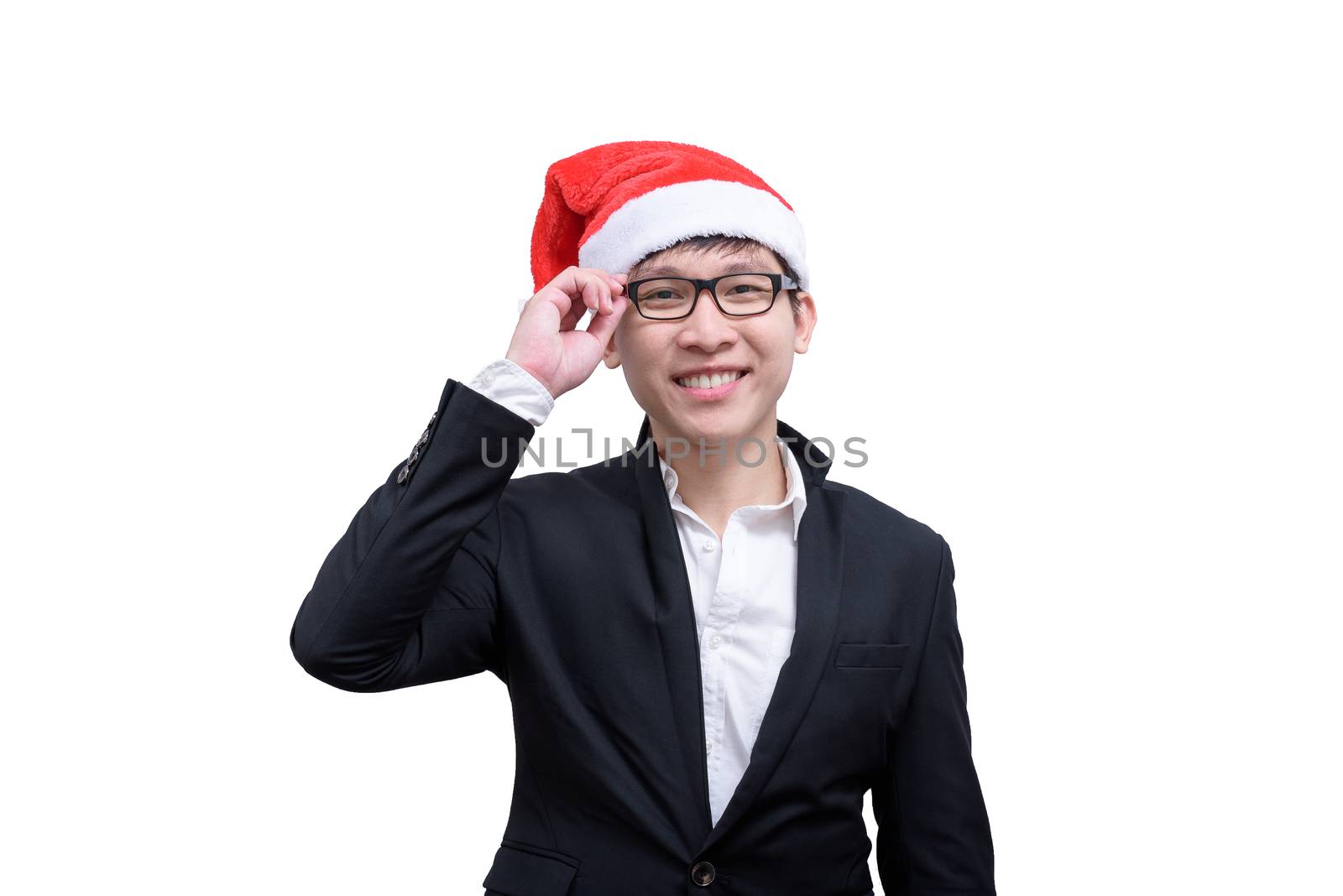 Business man has happy and smiling with Christmas festival themes isolated on white background.