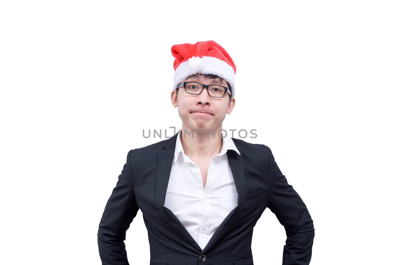 Business man has thinking new idea and target with Christmas festival themes isolated on white background.