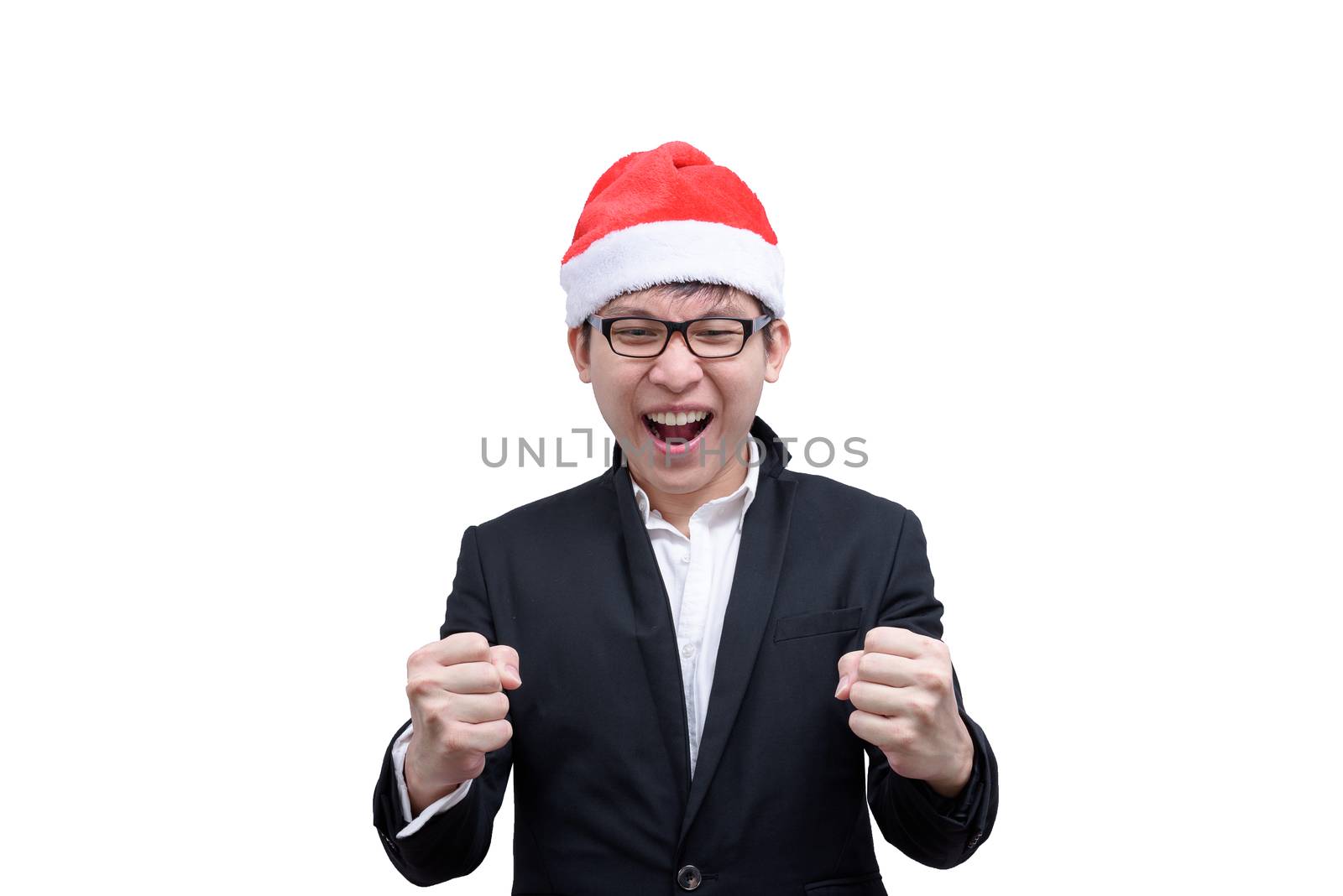 Business man has completed and success with Christmas festival themes isolated on white background.