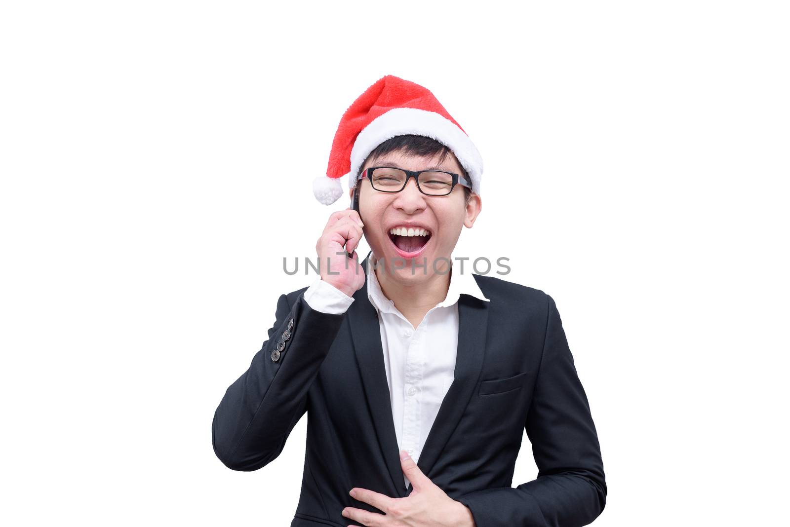 Business man has talking and laughing with Christmas festival themes isolated on white background.