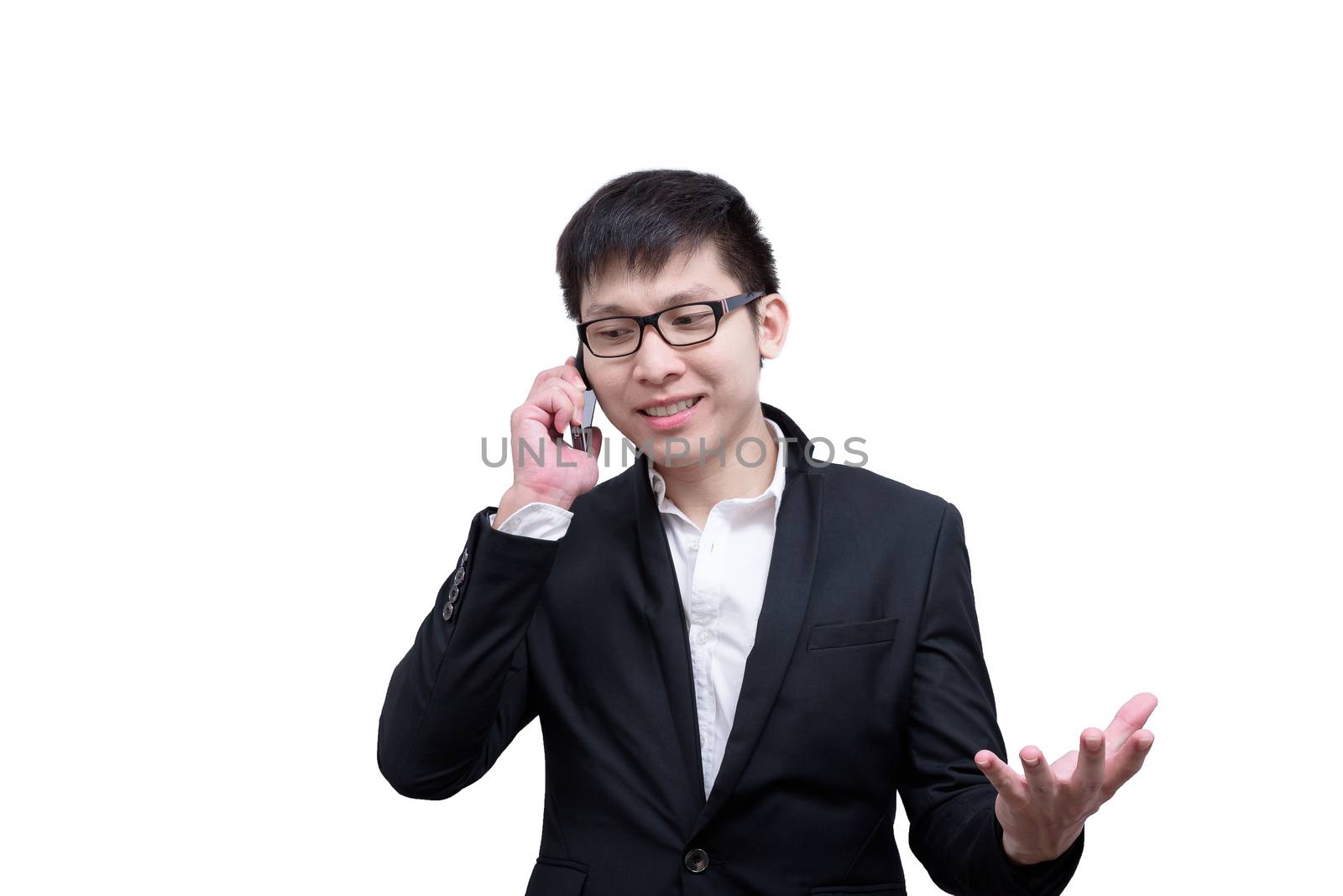 Asia businessman has holding a phone for seriuosly talking with  by animagesdesign