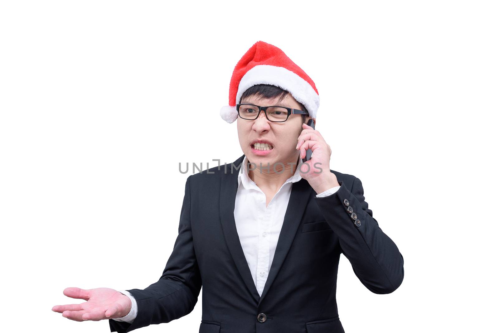 Business man has talking and screaming with Christmas festival themes isolated on white background.