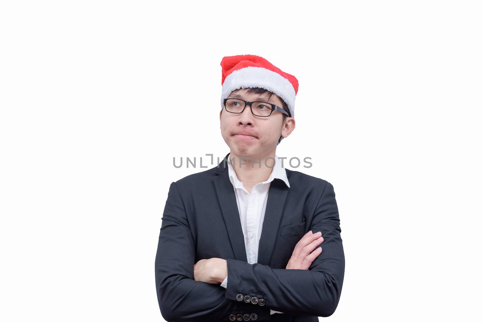 Business man has thinking new idea and target with Christmas festival themes isolated on white background.