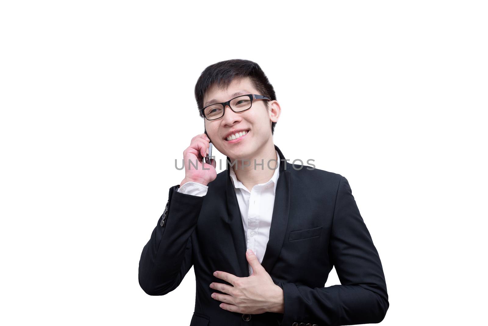 Asia businessman has holding a phone for talking with smile and  by animagesdesign