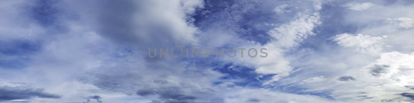 Panorama sky with cloud on a sunny day. Panoramic image.