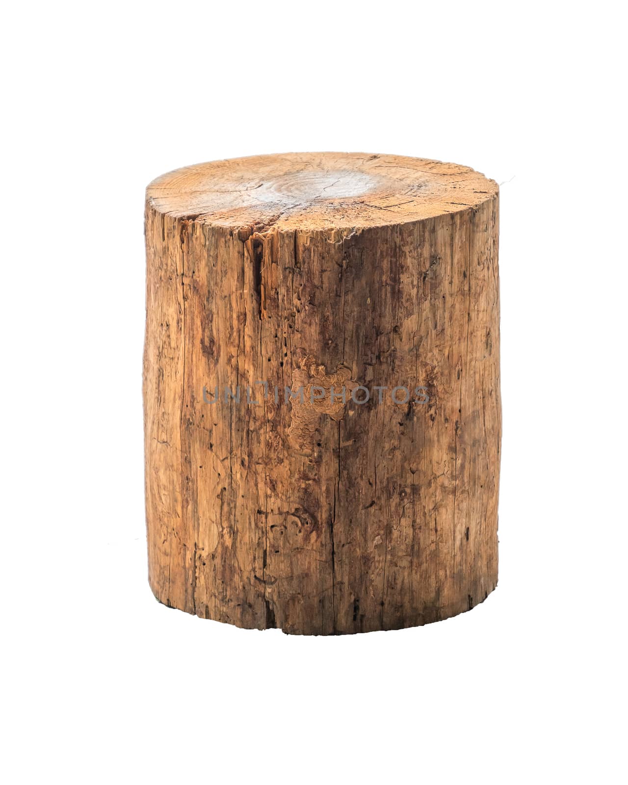 Isolated grunge log stool or chair craft artisan handmade furniture on white background.