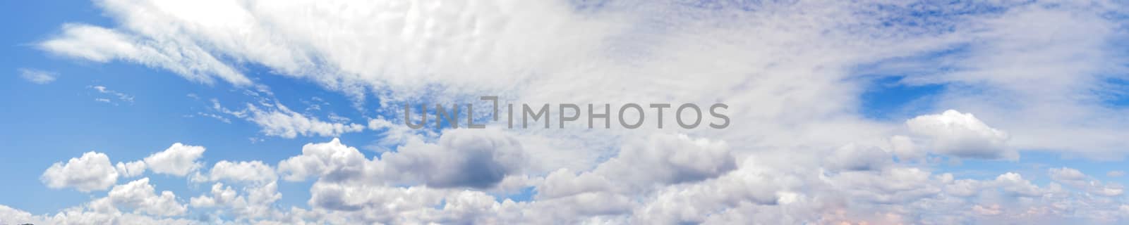 Vibrant color panoramic sky with cloud on a sunny day. Beautiful cirrus cloud. Panorama high resolution photograph.